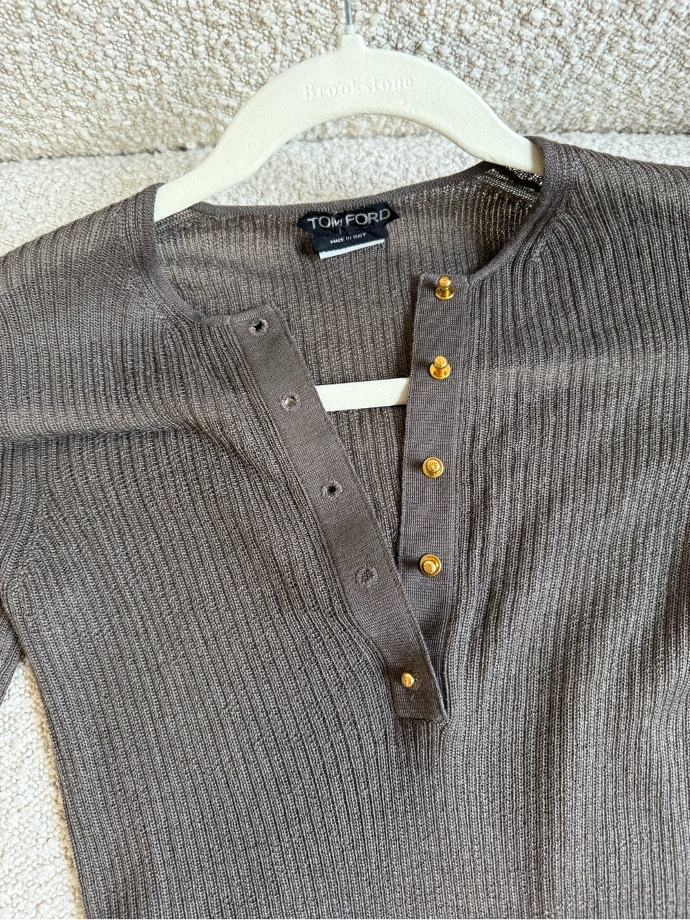 Tom Ford Brown/Grey Ribbed Long-Sleeve Snap Placket Top - Picture 4 of 4